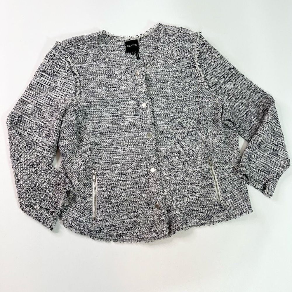 Nic + Zoe Blazer Jacket Womens 1X Black White Tweed Snap Front Fringe Hem